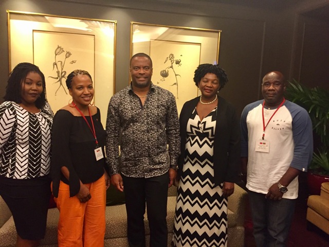 Hon. Mark Brantley, Minister of Foreign Affairs in St. Kitts and Nevis and Minister of Health on Nevis (middle), Hon. Alexis Jeffers, Minister in the Nevis Island Administration (extreme left), Mrs. Nicole Slack-Liburd, Permanent Secretary in the Ministry of Health in Nevis (second from right) visit on August 21, 2017, with a team in the Republic of China (Taiwan) from the Ministry of Health who are in training for renal disease management, Dr. Raymond Rohan Moving (extreme right), and Nurse Gweneth Jones Archibald (second from left). Absent is Public Health Nurse Averil Walters